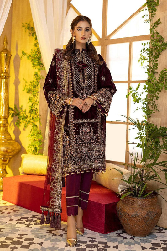 Velvet Embroidered Top with Heavy Net Dupatta & Santoon Bottom