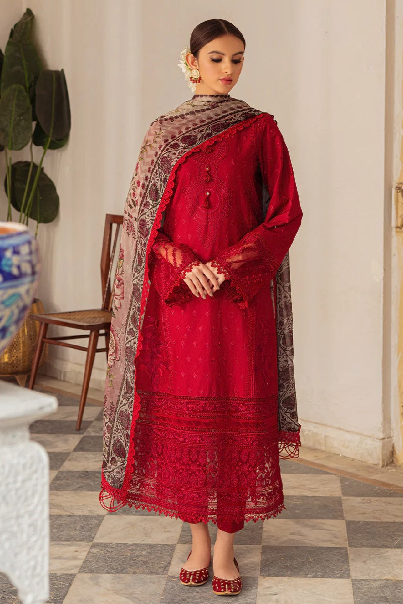 Red Shade Outfit with Unstitched Cotton Bottoms & Digital Printed Muslin Dupatta