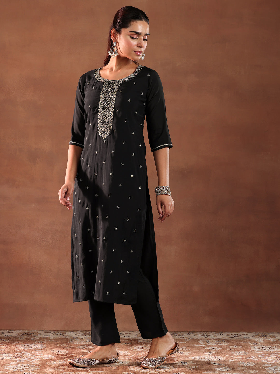 Black Yoke Design Silk Blend Straight Suit with Dupatta