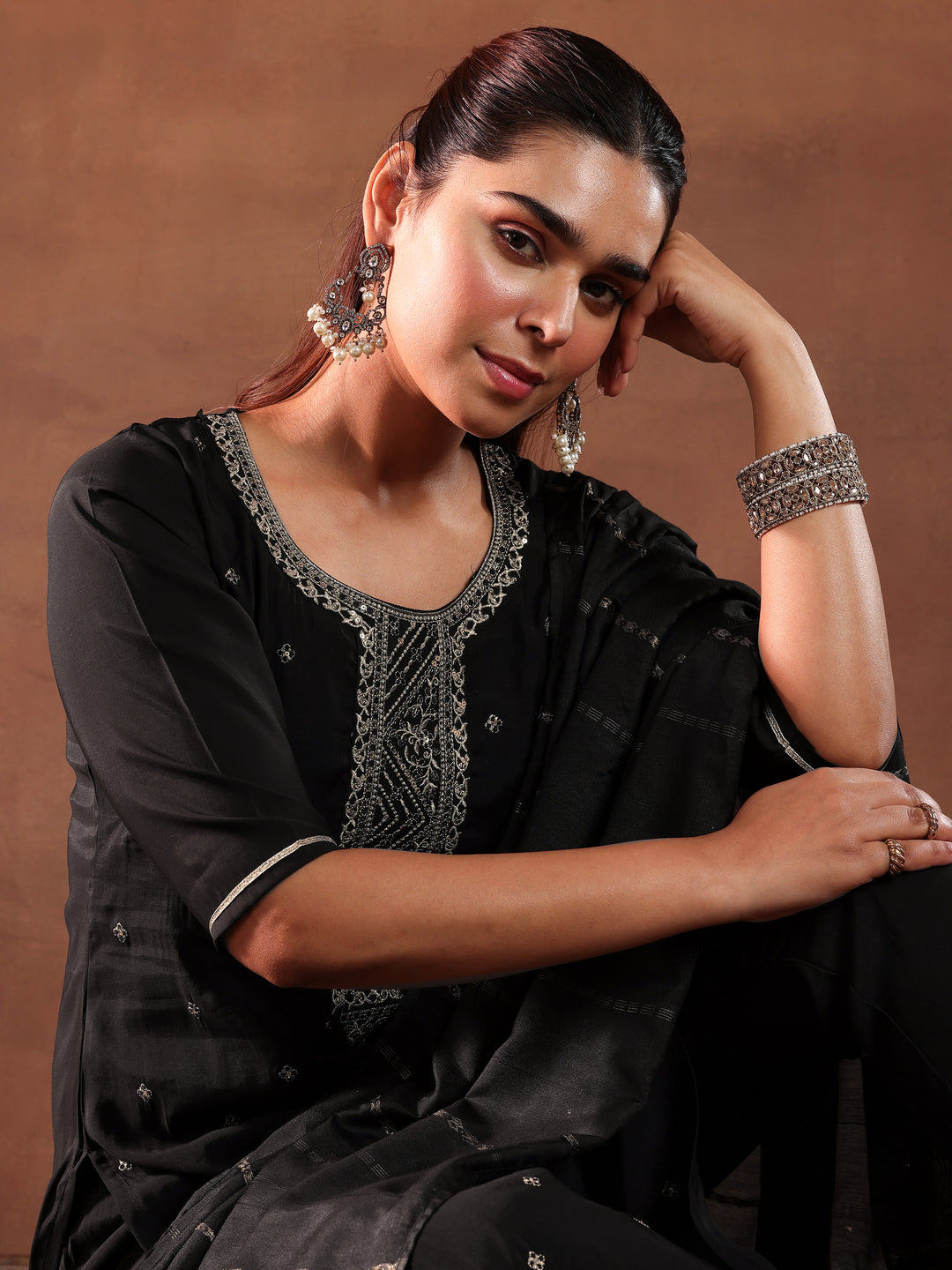 Black Yoke Design Silk Blend Straight Suit with Dupatta