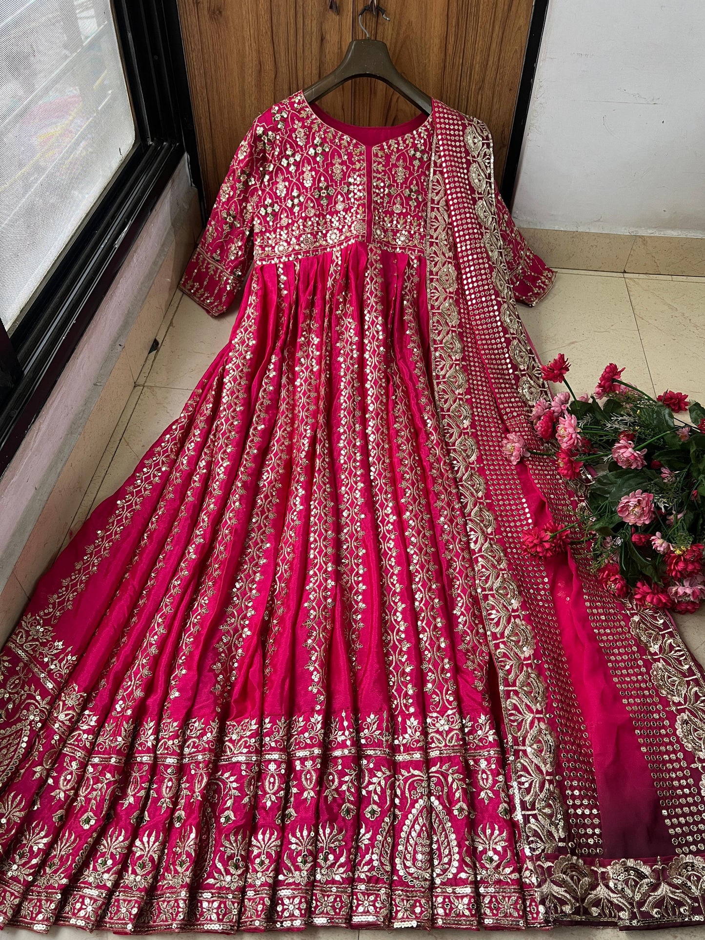 Elegant Chinon Silk Anarkali Gown with Sequins Embroidery Work