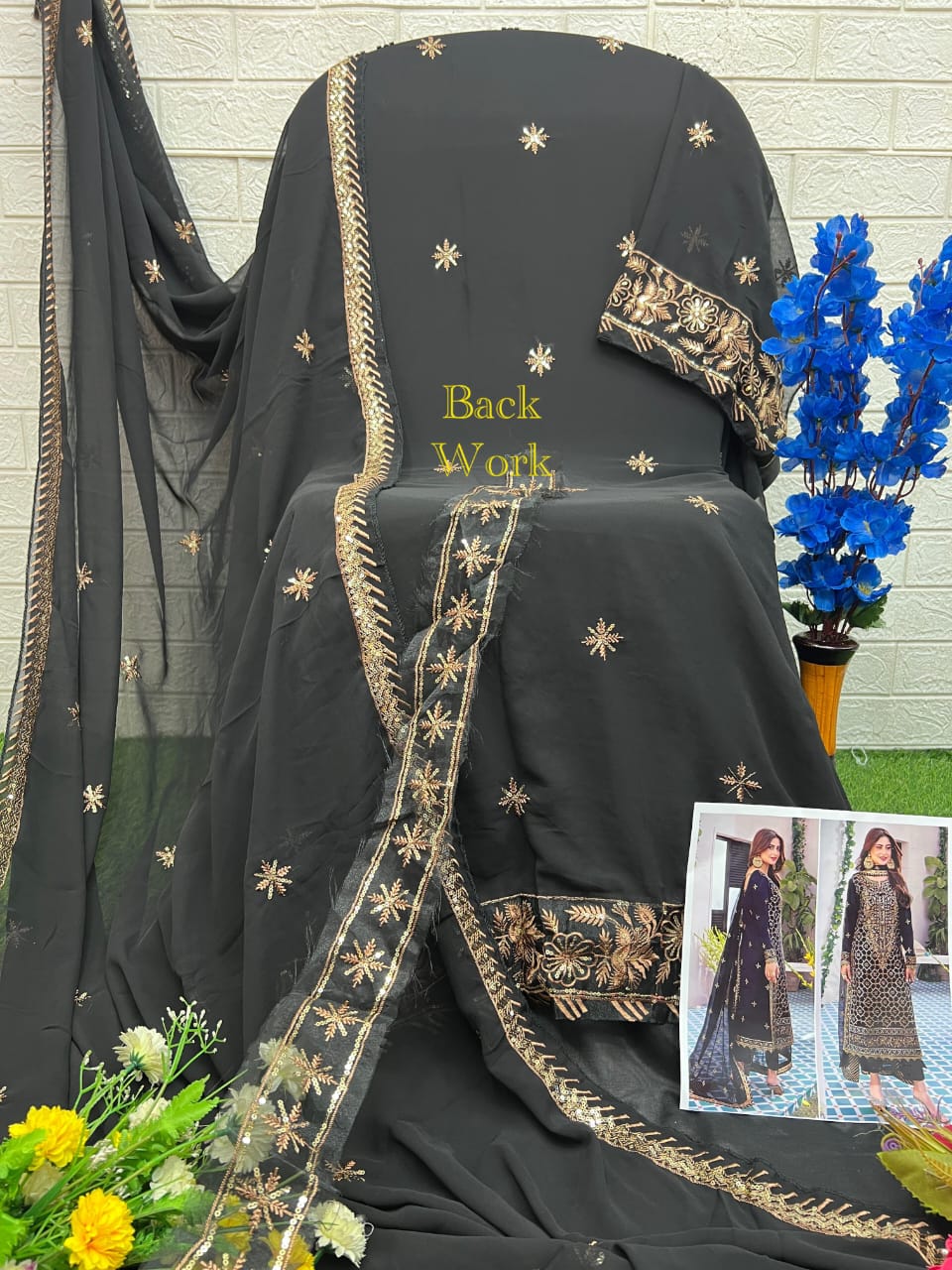 Black Semi-Stitched Outfit with Santoon Bottoms & Fox Georgette Dupatta