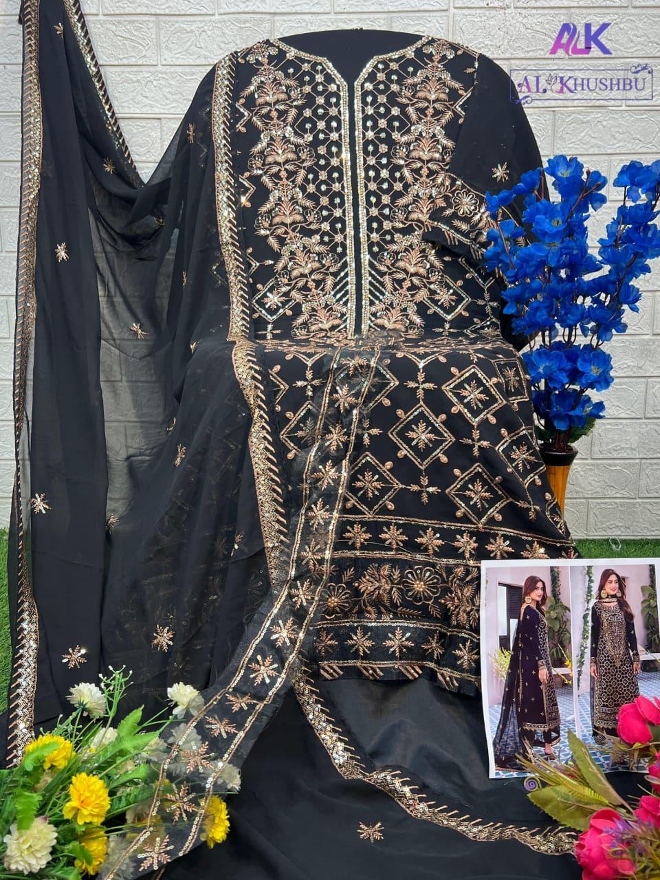 Black Semi-Stitched Outfit with Santoon Bottoms & Fox Georgette Dupatta