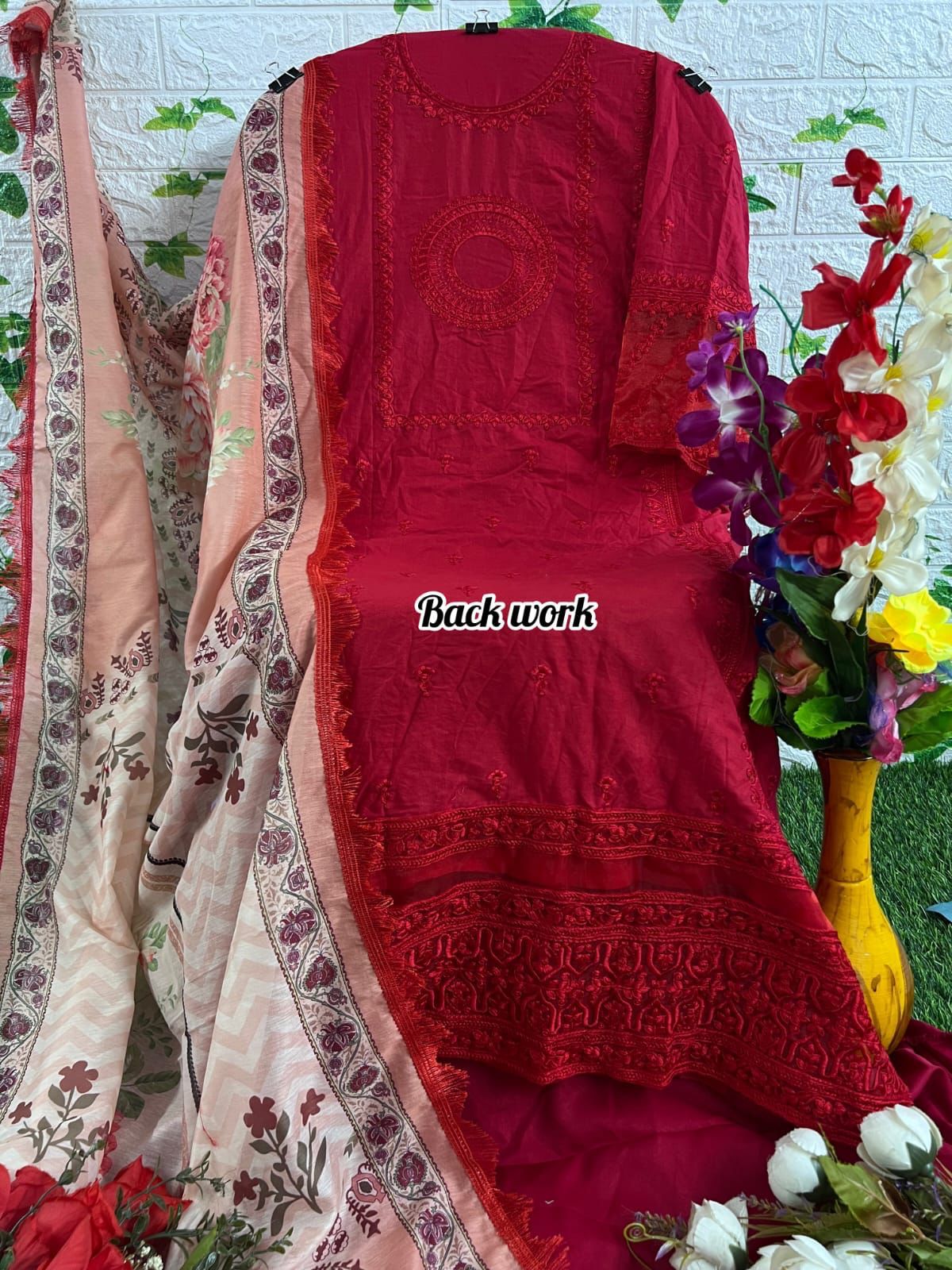 Red Shade Outfit with Unstitched Cotton Bottoms & Digital Printed Muslin Dupatta