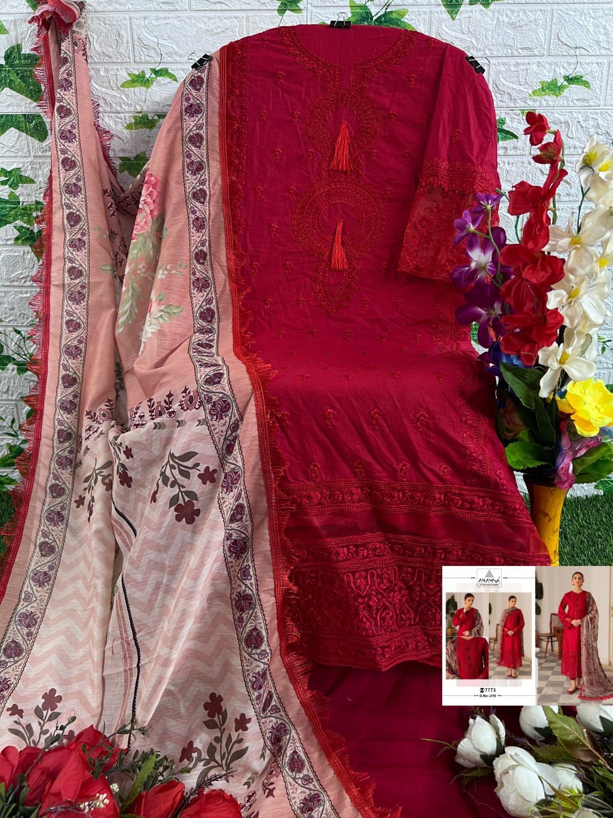 Red Shade Outfit with Unstitched Cotton Bottoms & Digital Printed Muslin Dupatta