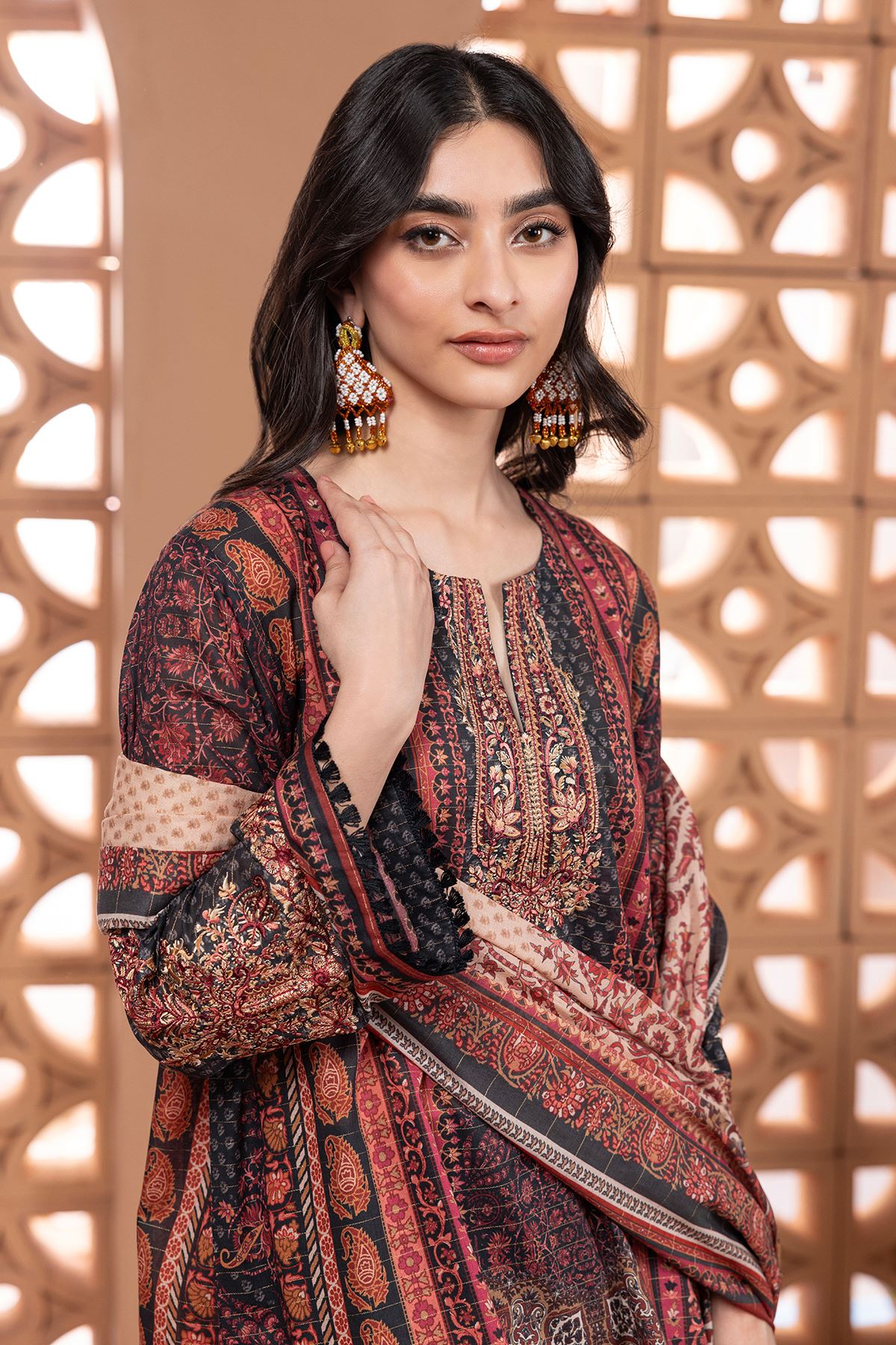 Tailored 3-Piece Printed Embroidered Messuri Suit with Cambric Bottom