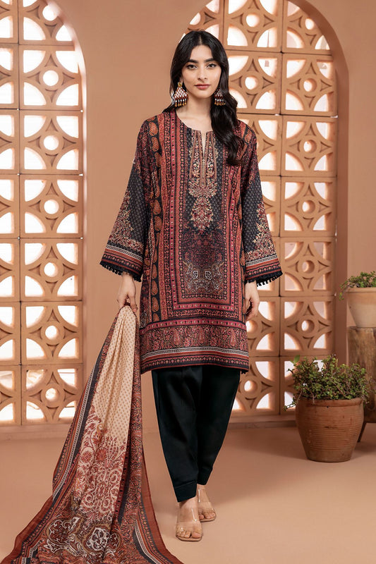 Tailored 3-Piece Printed Embroidered Messuri Suit with Cambric Bottom