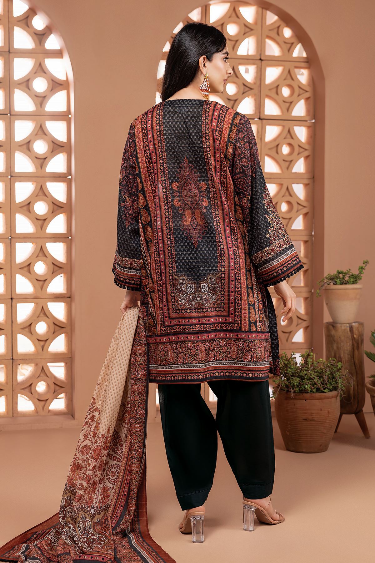 Tailored 3-Piece Printed Embroidered Messuri Suit with Cambric Bottom