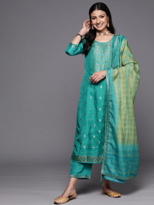 Green Self-Design Silk Straight Kurta Set with Trousers & Floral Dupatta