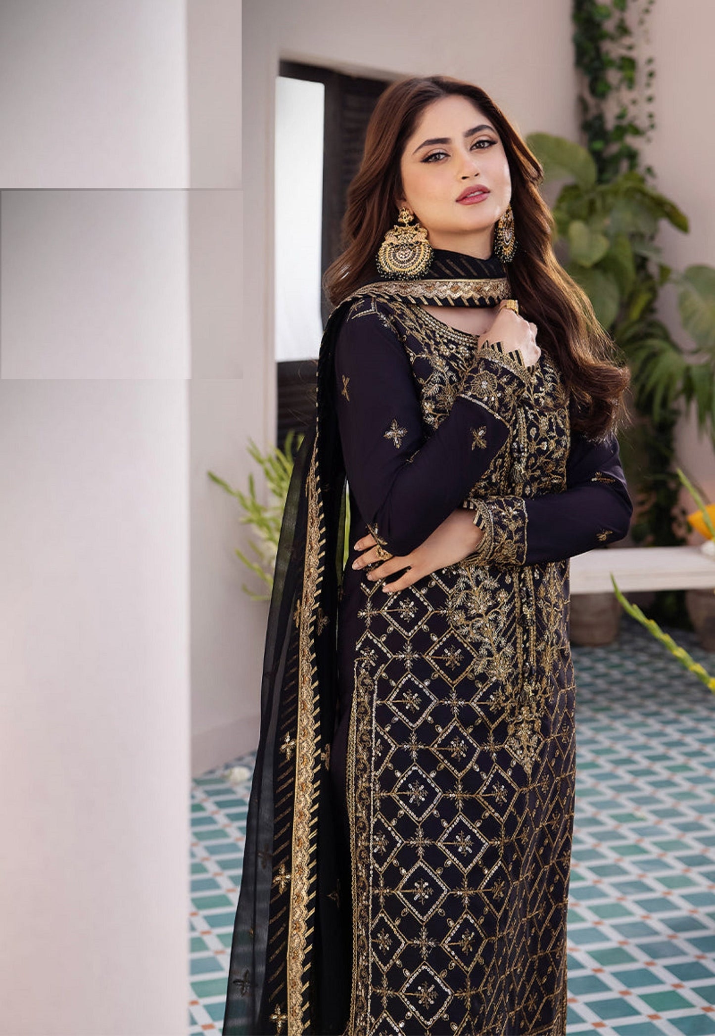 Black Semi-Stitched Outfit with Santoon Bottoms & Fox Georgette Dupatta