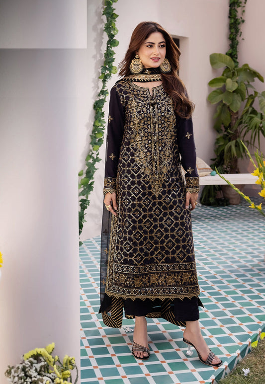 Black Semi-Stitched Outfit with Santoon Bottoms & Fox Georgette Dupatta