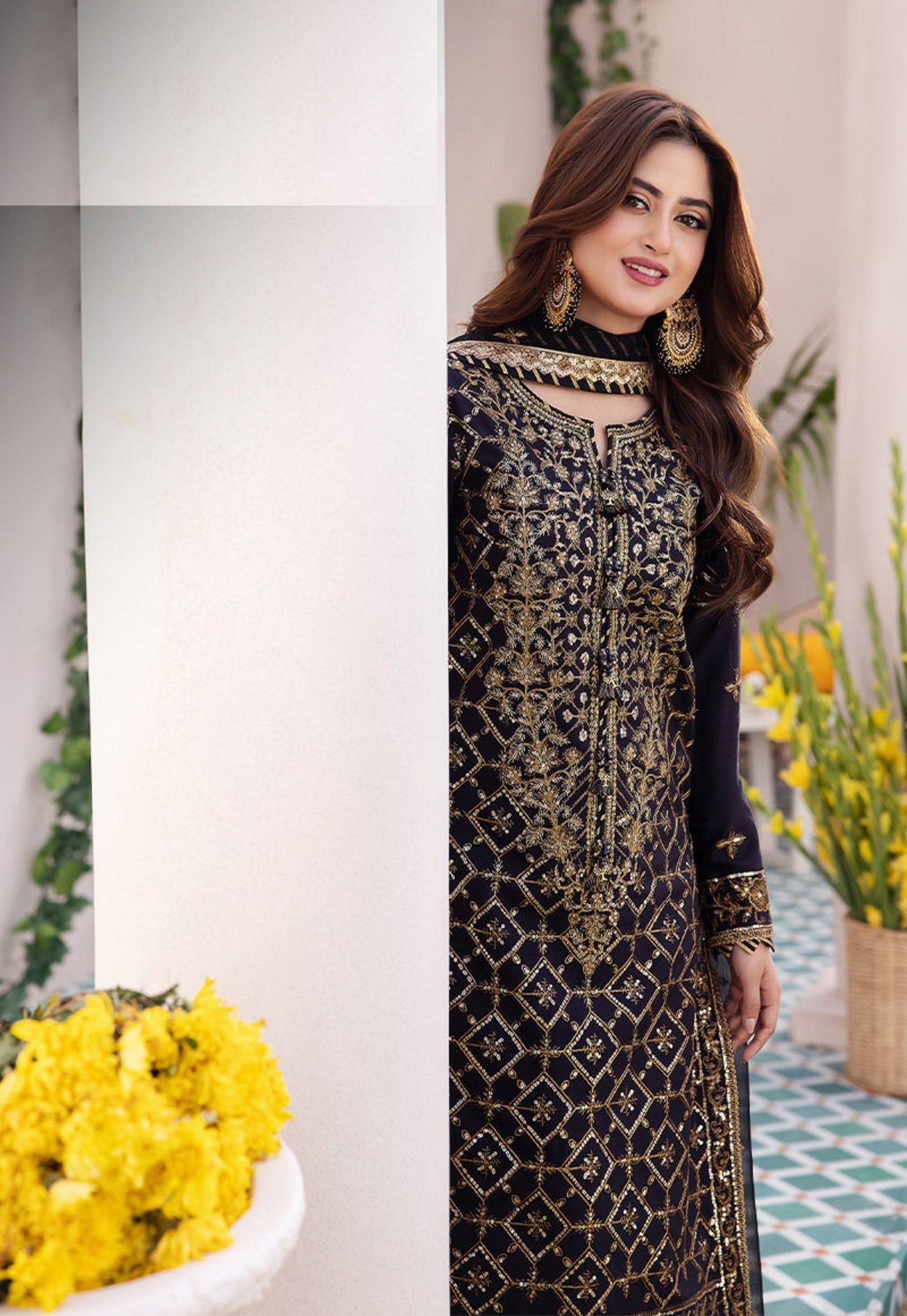 Black Semi-Stitched Outfit with Santoon Bottoms & Fox Georgette Dupatta