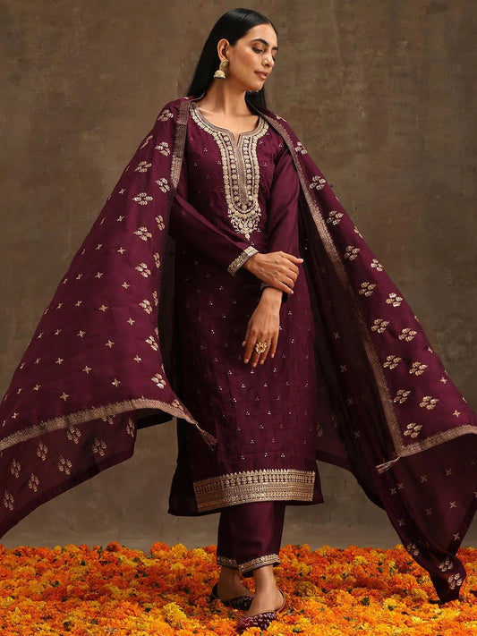 Purple Embroidered Silk Blend Straight Kurta Set with Trousers & Dupatta