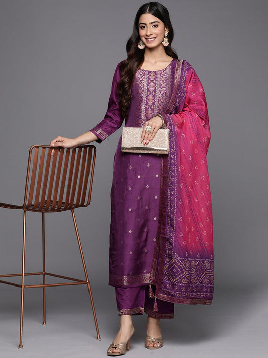 Purple Self-Design Silk Blend Straight Kurta Set with Trousers & Organza Dupatta