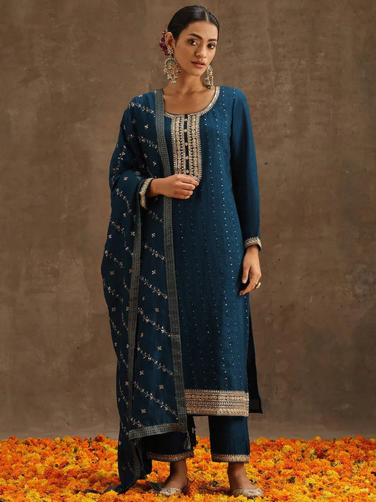 Teal Embroidered Silk Blend Pakistani Suit with Dupatta